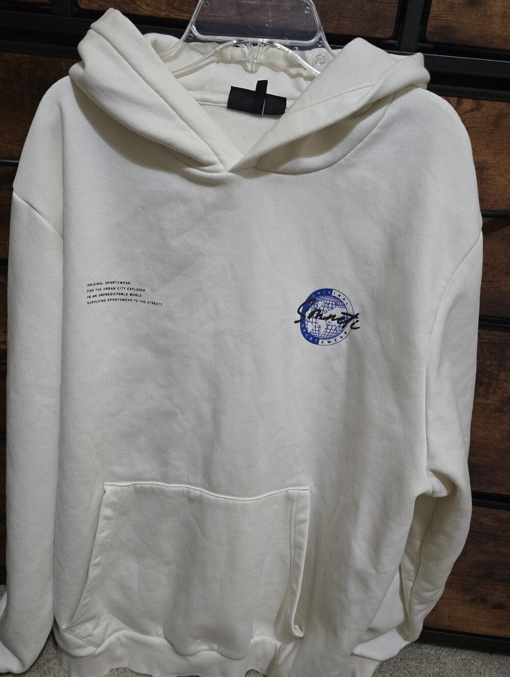 Men's Cream Graphic Hoodie Sweatshirt with Blue Accent